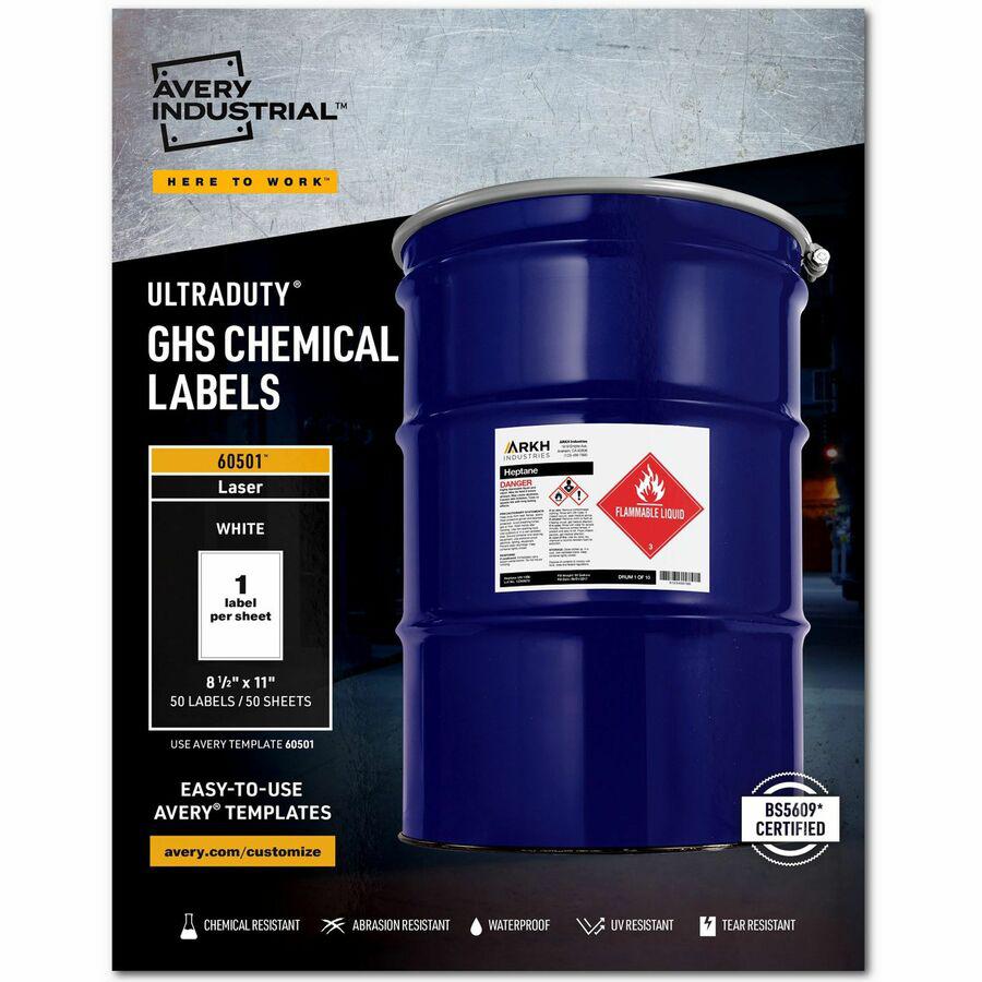 Avery&reg; UltraDuty Warning Label - 8 1/2" Width x 11" Length - Permanent Adhesive - Rectangle - Laser - White - Film - 1 / Sheet - 50 Total Sheets - 50 Total Label(s) - 50 / Box - Water Resistant. Picture 7