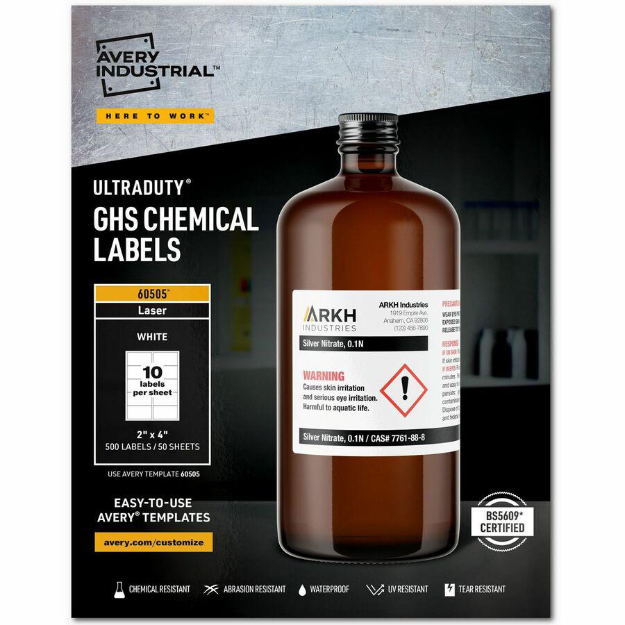 Avery&reg; UltraDuty Warning Label - 2" Width x 4" Length - Permanent Adhesive - Rectangle - Laser - White - Film - 10 / Sheet - 50 Total Sheets - 500 / Box - Water Resistant. Picture 4