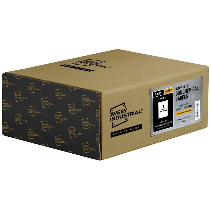 Avery&reg; UltraDuty Warning Label - 8 1/2" Width x 11" Length - Permanent Adhesive - Rectangle - Laser - White - Film - 1 / Sheet - 500 Total Sheets - 500 Total Label(s) - 500 / Box - Water Resistant. Picture 5