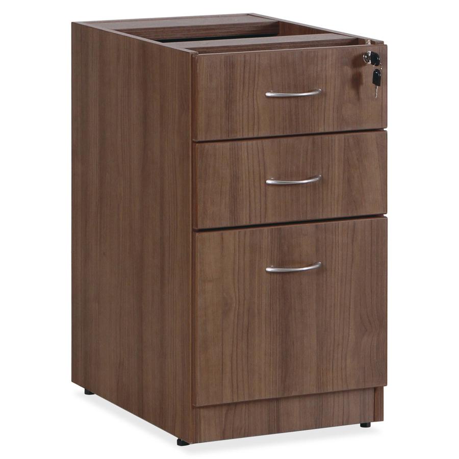 Lorell Essentials Series Box/Box/File Fixed File Cabinet - 28.5" Height x 15.5" Width x 21.9" Depth Pedestal - Total Drawer(s): 3 - Finish: Laminate, Walnut - Built-in Hangrail - For File, File Folder. Picture 10