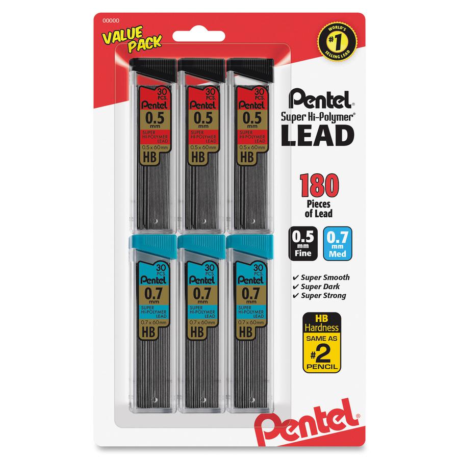 Pentel Super Hi-Polymer Lead Refills Value Pack - 0.5 mm, 0.7 mm Point - #2 - Black - Break Resistant - 6 / Pack. Picture 2