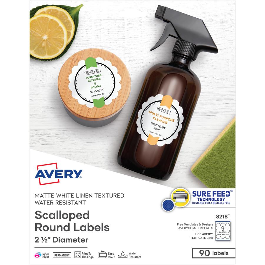 Avery&reg; Multipurpose Label - - Width2 1/2" Diameter - Permanent Adhesive - Round Scallop - Laser, Inkjet - Matte White - Paper - 9 / Sheet - 10 Total Sheets - 90 Total Label(s) - 90 / Pack. Picture 2