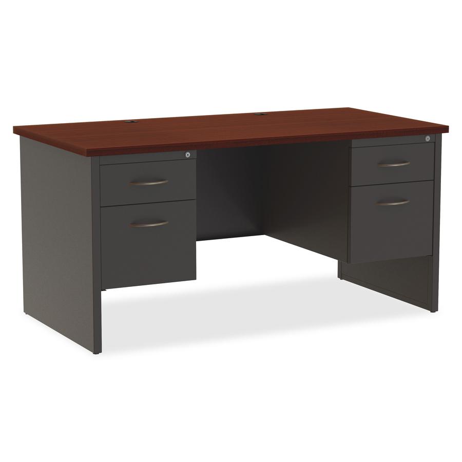 Lorell Fortress Modular Series Double-Pedestal Desk - 60" Width x 30" Depth, x 1.1" Thickness Top - Total Drawer(s): 2 - Double Pedestal - Material: Steel - Finish: Mahogany Laminate, Charcoal - Scrat. Picture 9