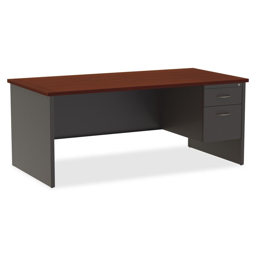 Lorell Fortress Modular Series Right-Pedestal Desk - 72" Width x 36" Depth, x 1.1" Thickness Top - Total Drawer(s): 2 - Single Pedestal on Right Side - Material: Steel - Finish: Mahogany Laminate, Cha. Picture 6