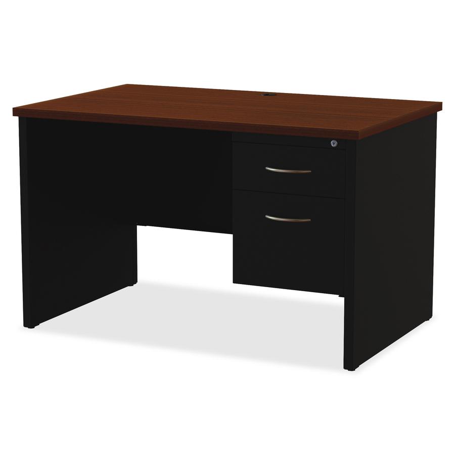Lorell Modular 48"W x 30"D Right Pedestal Desk, Black/Walnut - 48" Width x 30" Depth, x 1.1" Thickness Top - Total Drawer(s): 2 - Single Pedestal on Right Side - Material: Steel - Finish: Walnut Lamin. Picture 6