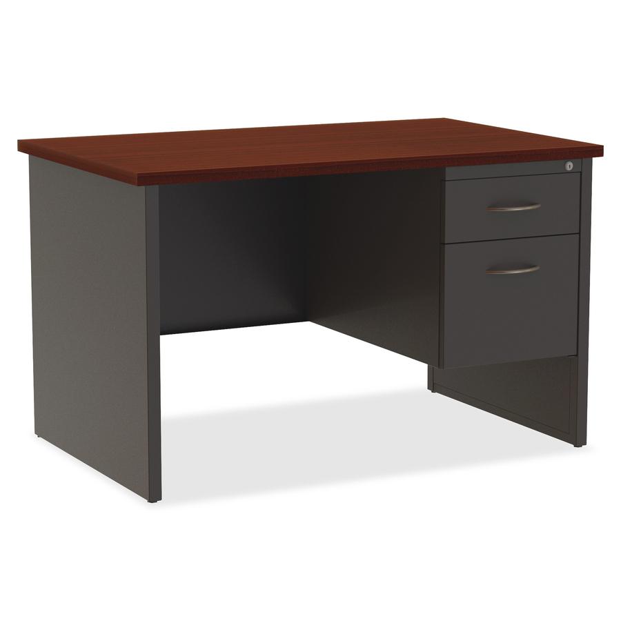 Lorell Fortress Modular Series Right-Pedestal Desk - 48" Width x 30" Depth, x 1.1" Thickness Top - Total Drawer(s): 2 - Single Pedestal on Right Side - Material: Steel - Finish: Mahogany Laminate, Cha. Picture 4