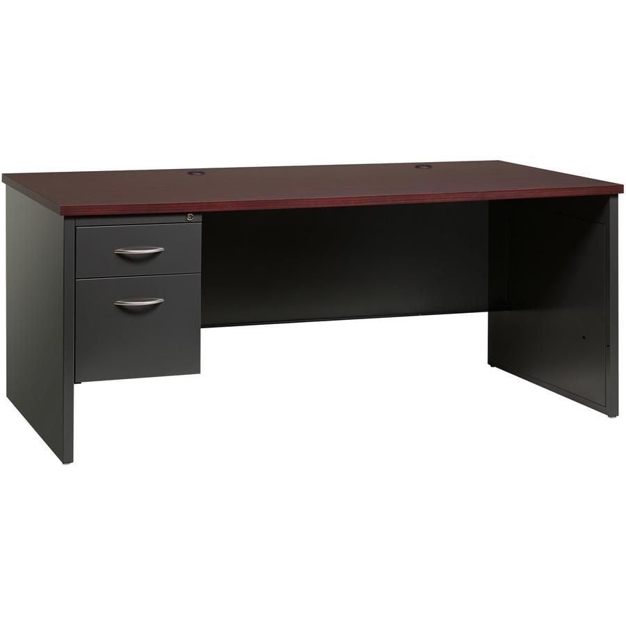 Lorell Fortress Modular Series Left-Pedestal Desk - 72" Width x 36" Depth, x 1.1" Thickness Top - Total Drawer(s): 2 - Single Pedestal on Left Side - Material: Steel - Finish: Mahogany Laminate, Charc. Picture 6