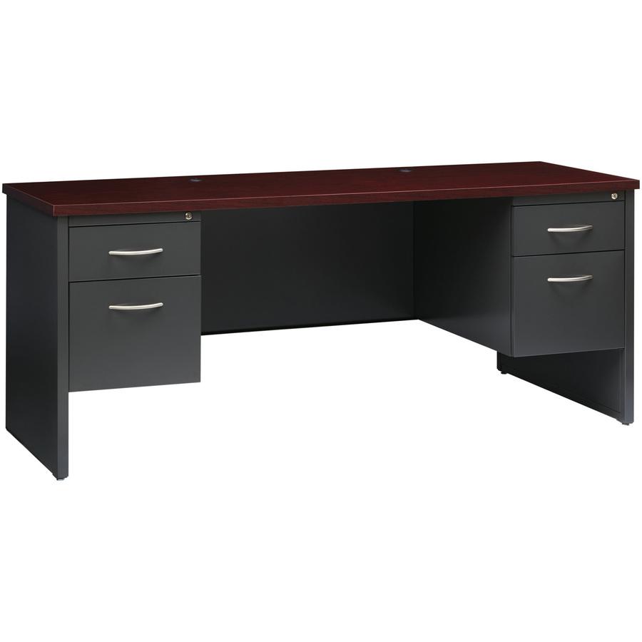 Lorell Fortress Modular Series Double-pedestal Credenza - 72" Width x 24" Depth, x 1.1" Thickness Top - Total Drawer(s): 2 - Double Pedestal - Material: Steel - Finish: Mahogany Laminate, Charcoal - S. Picture 11