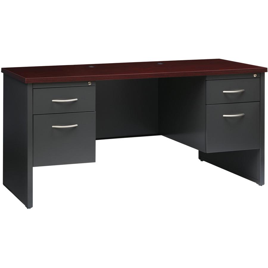 Lorell Fortress Modular Series Double-pedestal Credenza - 60" x 24" , 1.1" Top - 2 x Box, File Drawer(s) - Double Pedestal - Material: Steel - Finish: Mahogany Laminate, Charcoal - Scratch Resistant, . Picture 8