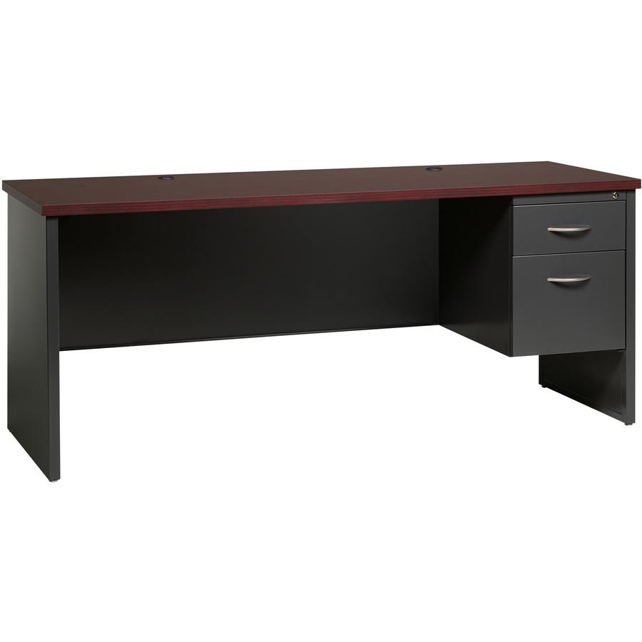 Lorell Fortress Modular Series Right-pedestal Credenza - 72" Width x 24" Depth, x 1.1" Thickness Top - Total Drawer(s): 2 - Single Pedestal on Right Side - Material: Steel - Finish: Mahogany Laminate,. Picture 5
