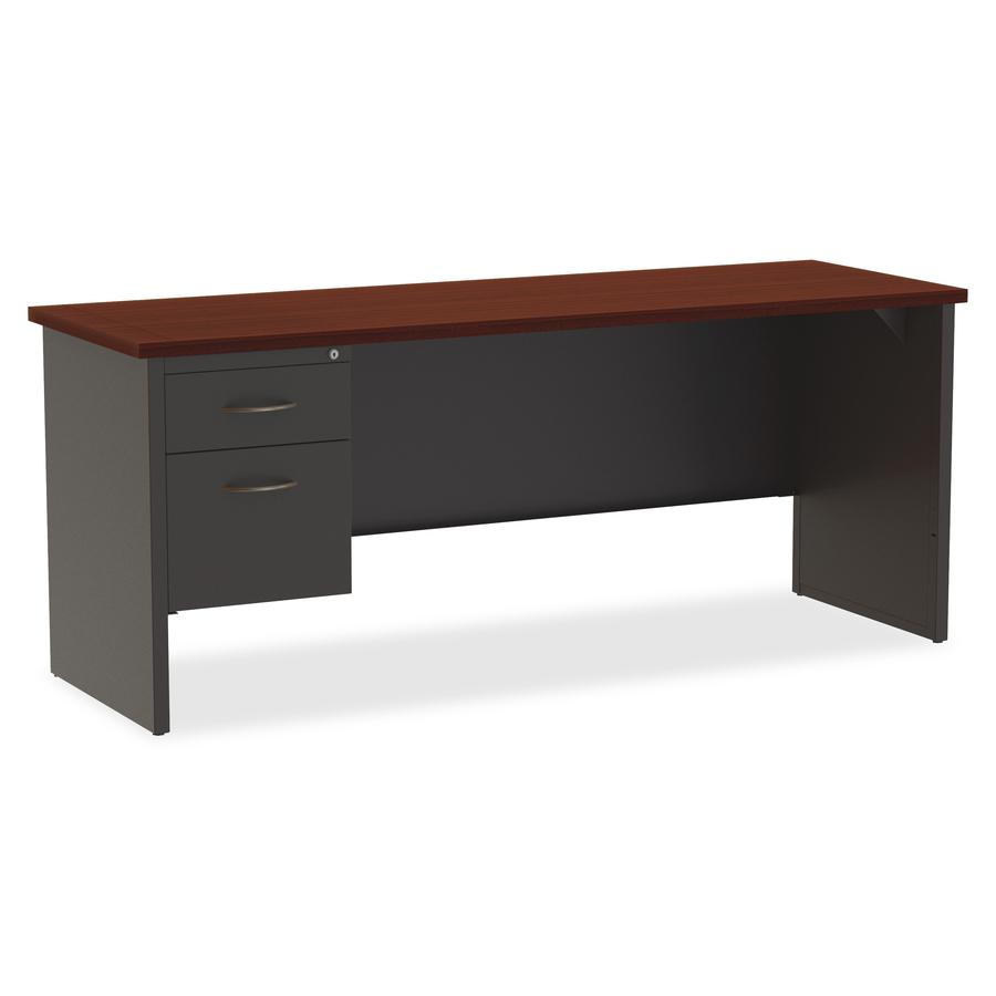 Lorell Fortress Modular Series Left-pedestal Credenza - 72" Width x 24" Depth, x 1.1" Thickness Top - Total Drawer(s): 2 - Single Pedestal on Left Side - Material: Steel - Finish: Mahogany Laminate, C. Picture 6