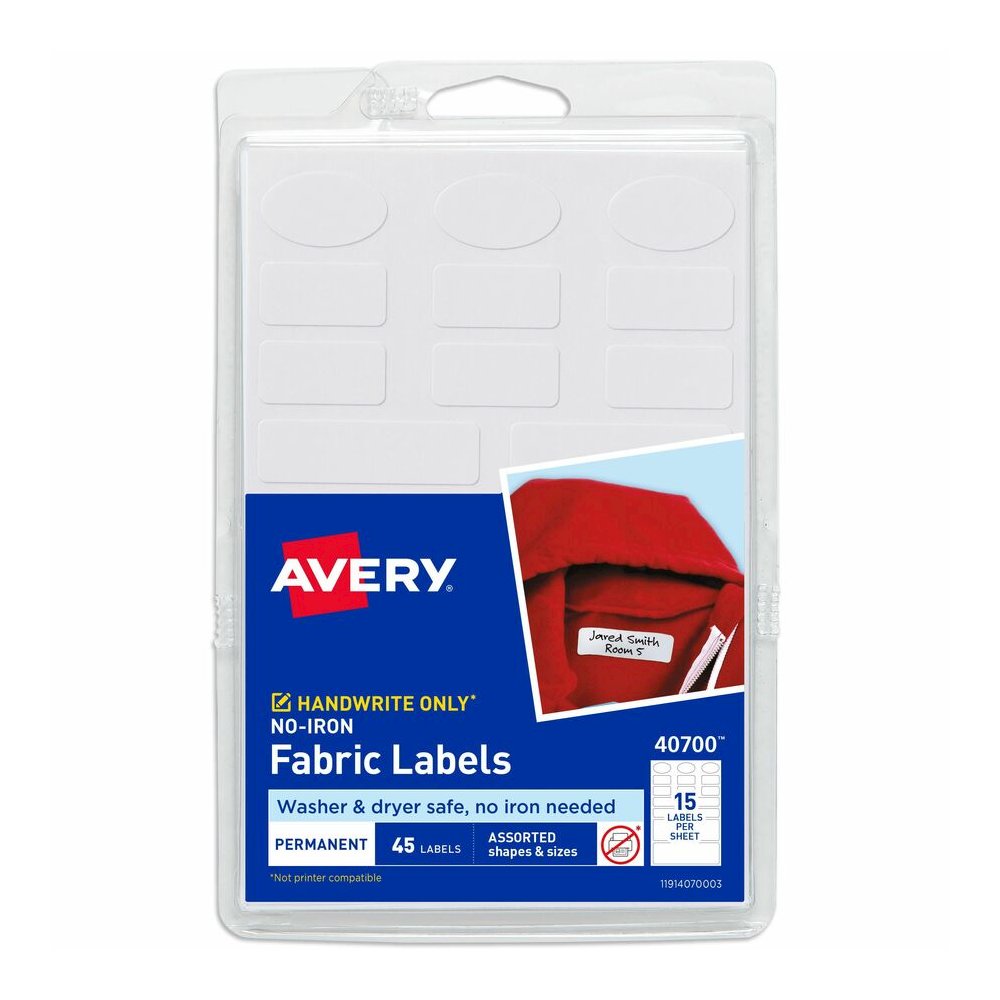 Avery&reg; No-Iron Clothing Labels - Assorted Shapes & Sizes - Waterproof - Permanent Adhesive - Assorted - Matte - White - Film - 15 / Sheet - 3 Total Sheets - 45 Total Label(s) - 45/Pack - 18 / Cart. Picture 2