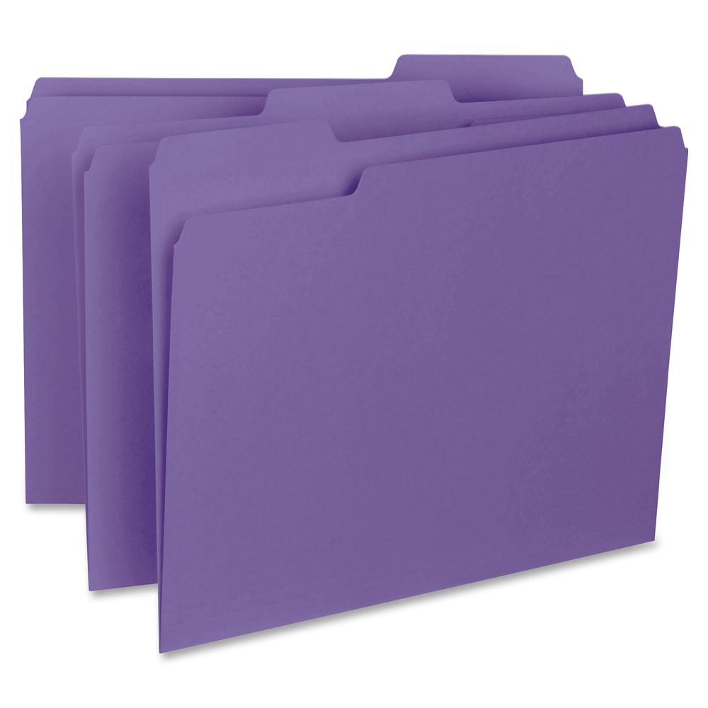Business Source 1/3 Tab Cut Letter Recycled Top Tab File Folder - 8 1/2" x 11" - Top Tab Location - Assorted Position Tab Position - Purple - 10% Recycled - 100 / Box. Picture 3