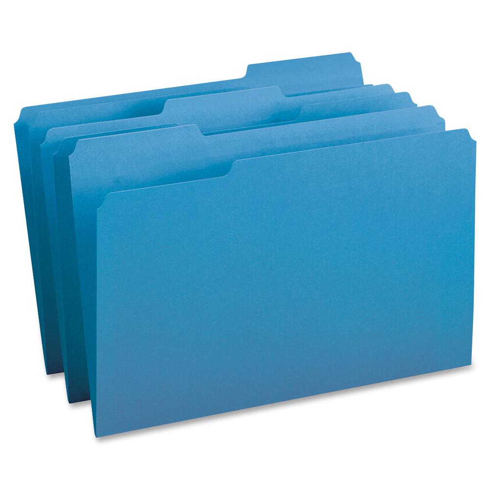 Business Source 1/3 Tab Cut Legal Recycled Top Tab File Folder - 8 1/2" x 14" - Top Tab Location - Assorted Tab Position - 11 pt. - 1 Plys - Blue - 10% Recycled - 100 / Box. Picture 2