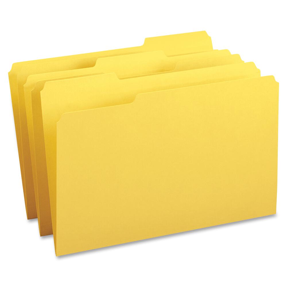 Business Source 1/3 Tab Cut Legal Recycled Top Tab File Folder - 8 1/2" x 14" - Top Tab Location - Assorted Tab Position - 11 pt. - 1 Plys - Yellow - 10% Recycled - 100 / Box. Picture 2