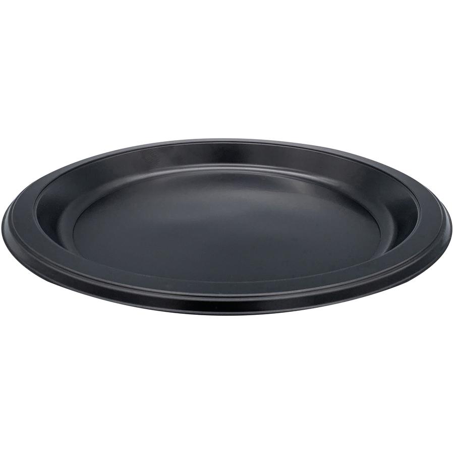 Genuine Joe 9" Round Plastic Plates - Serving - Disposable - 9" Diameter - Black - Plastic Body - 125/Pack - 4 / Carton. Picture 2