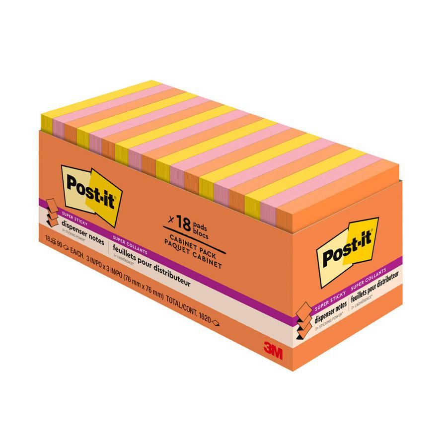 Post-it&reg; Super Sticky Dispenser Notes - Energy Boost Color Collection - 3" x 3" - Rectangle - Vital Orange, Tropical Pink, Sunnyside - Paper - Self-adhesive, Removable, Recyclable - 18 / Pack. Picture 3