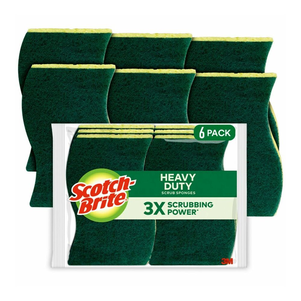 Scotch-Brite Heavy-Duty Scrub Sponges - 2.8" Height x 4.5" Width x 0.6" Depth - 6/Pack - 6 / Carton - Green, Yellow. Picture 9