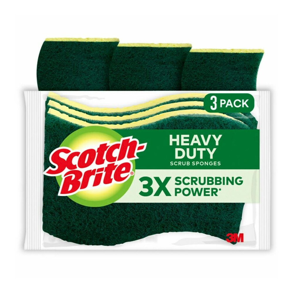 Scotch-Brite Heavy-Duty Scrub Sponges - 2.8" Height x 4.5" Width x 4.5" Length x 590 mil Thickness - 3/Pack - 8 / Carton - Yellow, Green. Picture 4