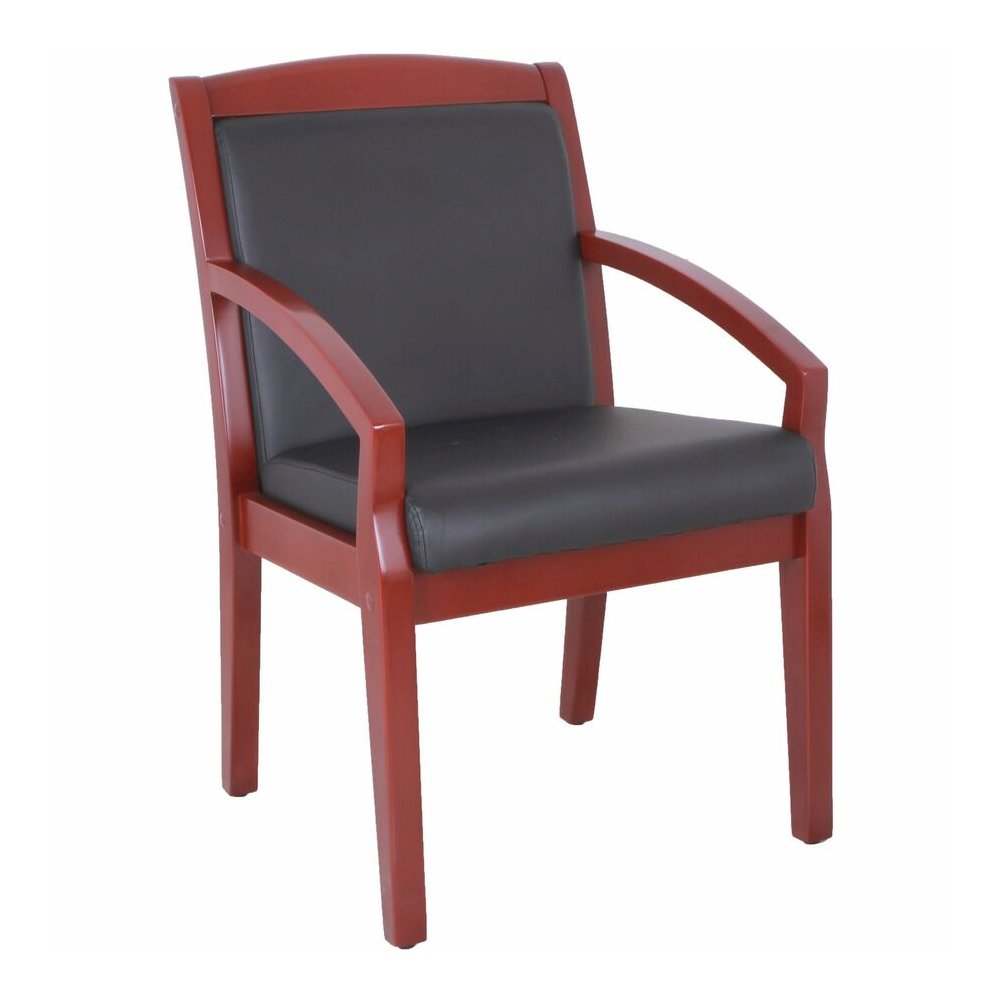 Lorell Sloping Arms Wood Frame Guest Chair - Black Seat Color - Bonded Leather Seat Material - Black Back Color - Bonded Leather Back Material - Mahogany Frame Color - Solid Wood, Rubberwood Frame Mat. Picture 7