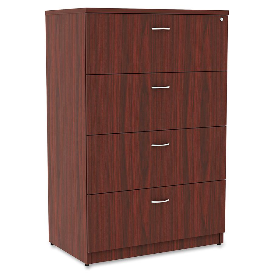 Lorell Essentials Series 4-Drawer Lateral File - 1" Thickness Top, 54.8" Height x 35.5" Width x 22" Depth - Total Drawer(s): 4 - Finish: Mahogany Laminate - Durable, Built-in Hangrail, Ball-bearing Su. Picture 9