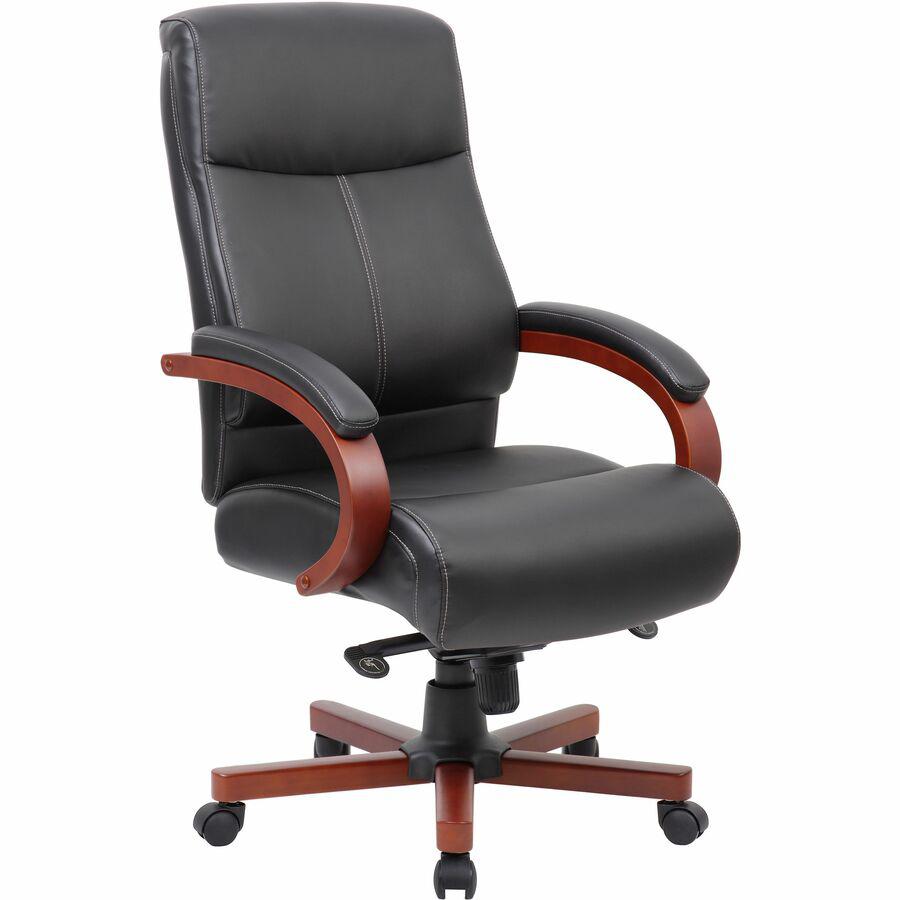 Lorell Executive High-Back Wood Finish Office Chair - Black Bonded Leather Seat - Black Bonded Leather Back - High Back - Black, Mahogany - 1 Each. Picture 7