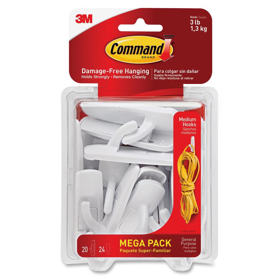 Command Medium Utility Hook Mega Pack - 3 lb (1.36 kg) Capacity - for Multipurpose, Paint, Wood, Tile - White - 20 / Pack. Picture 2