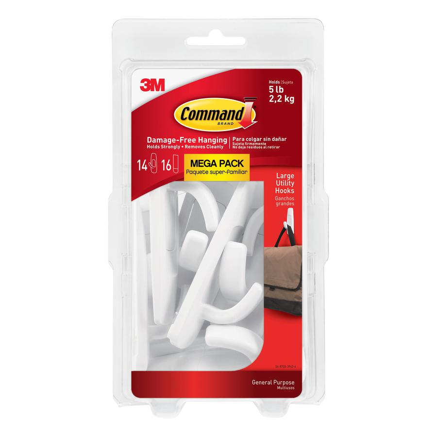 Command Large Utility Hook Mega Pack - 14 Hooks - 14 Large Hook - 5 lb (2.27 kg) Capacity - for Multipurpose, Paint, Wood, Tile - Plastic - White - 14 / Pack. Picture 8