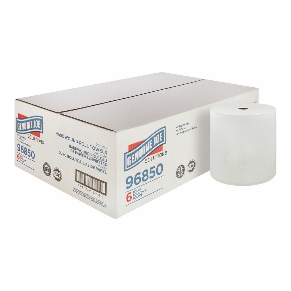 Genuine Joe Solutions Hardwound Paper Towels - 1 Ply - 7" Width x 850 ft Length - White - Virgin Fiber - 6 / Carton. Picture 9