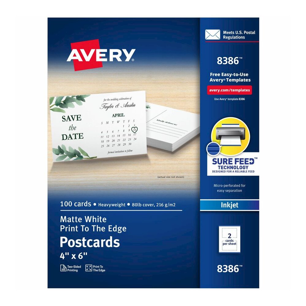 Avery&reg; Sure Feed Postcards - 97 Brightness - 4" x 6" - 80 lb Basis Weight - 216 g/m² Grammage - Matte - Perforated, Heavyweight, Rounded Corner, Print-to-the-edge, Recyclable, Biodegradable, . Picture 2