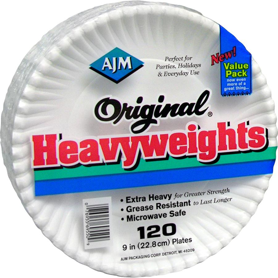 AJM 9" Original Heavyweight Plates - Serving, Reheating - Disposable - Microwave Safe - 9" Diameter - White - Paper Body - 120 / Pack. Picture 4