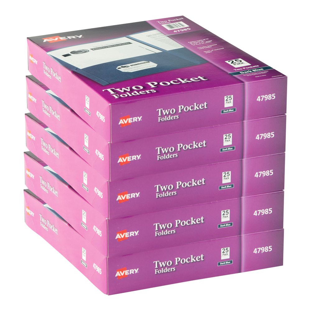 Avery&reg; Letter Pocket Folder - 8 1/2" x 11" - 40 Sheets Capacity - 2 Internal Pocket - Embossed Paper - Dark Blue - Embossed, Lightweight, Flexible - 25/Box - 5 / Carton. Picture 2