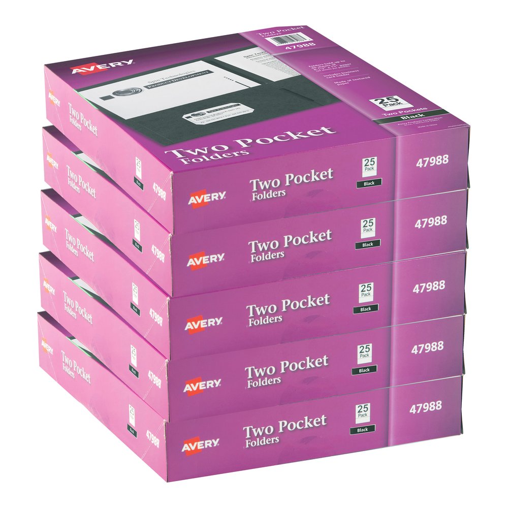 Avery&reg; Letter Pocket Folder - 8 1/2" x 11" - 40 Sheets Capacity - 2 Internal Pocket - Embossed Paper - Black - Embossed - 25/Box - 5 / Carton. Picture 2