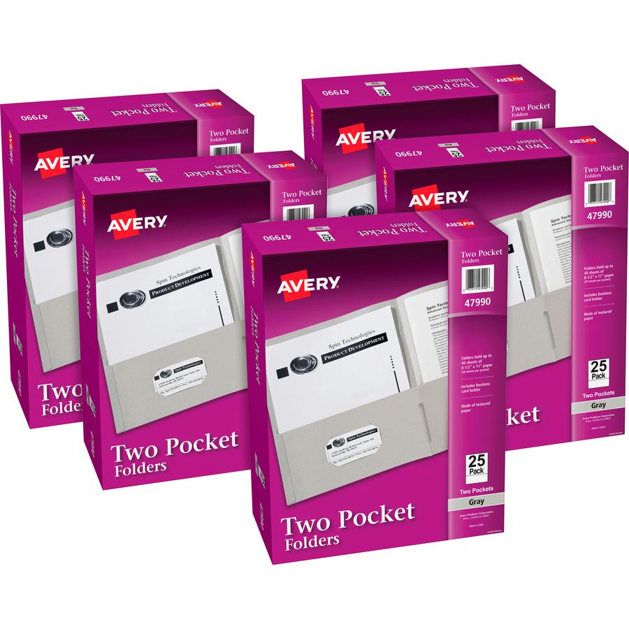 Avery&reg; Letter Pocket Folder - 8 1/2" x 11" - 40 Sheet Capacity - 2 Internal Pocket(s) - Embossed Paper - Gray - 125 / Carton. Picture 3