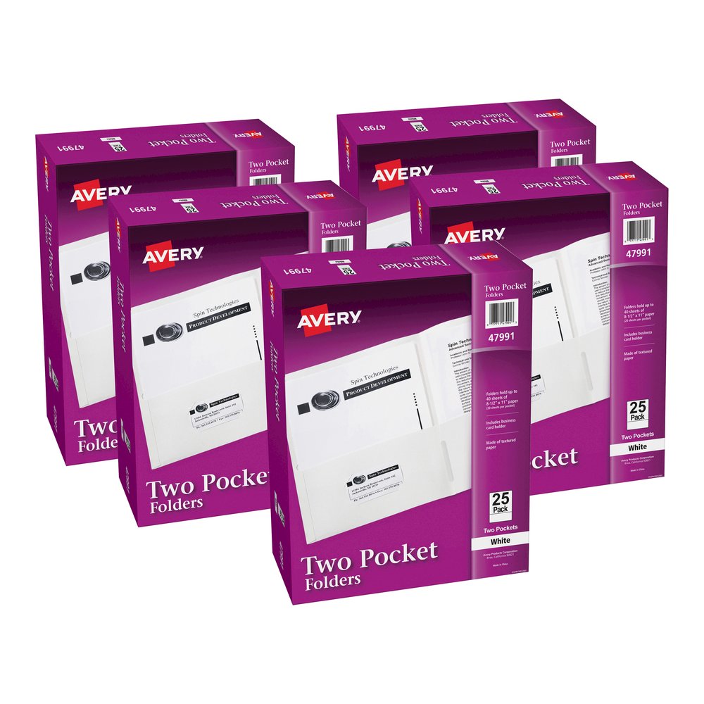 Avery&reg; Letter Pocket Folder - 8 1/2" x 11" - 40 Sheets Capacity - 2 Internal Pocket - Embossed Paper - White - Embossed - 25/Box - 5 / Carton. Picture 2