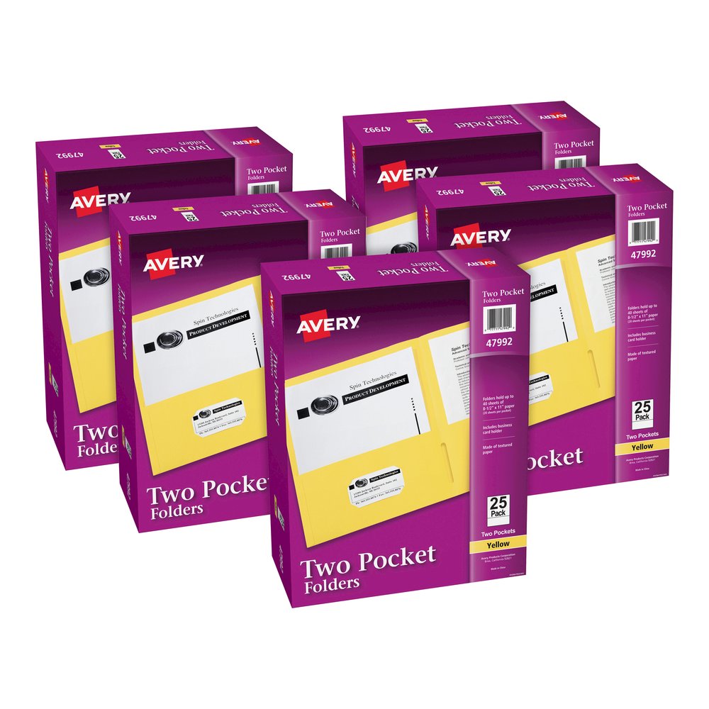 Avery&reg; Letter Pocket Folder - 8 1/2" x 11" - 40 Sheets Capacity - 2 Internal Pocket - Embossed Paper - Yellow - Embossed - 25/Box - 5 / Carton. Picture 2