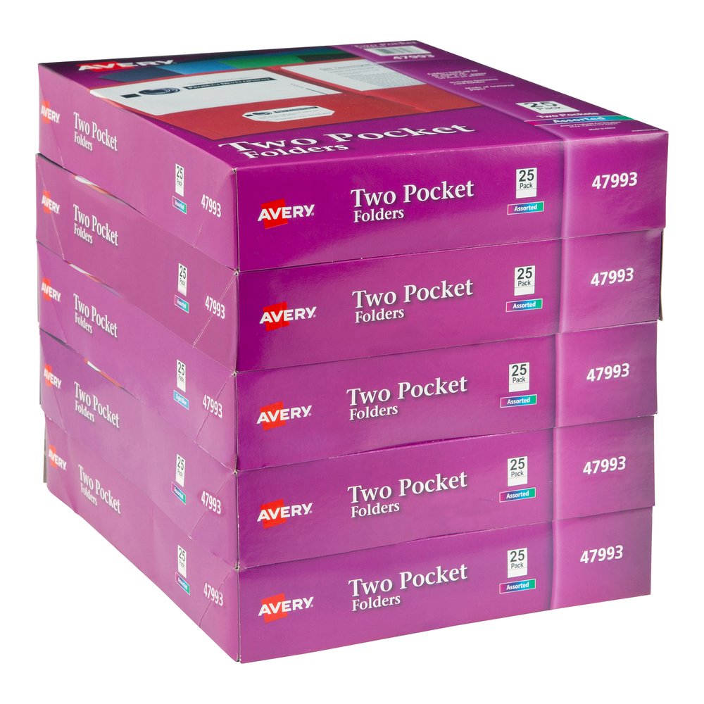 Avery&reg; Letter Pocket Folder - 8 1/2" x 11" - 40 Sheets Capacity - 2 Internal Pocket - Embossed Paper - Assorted - Embossed - 25/Box - 5 / Carton. Picture 2