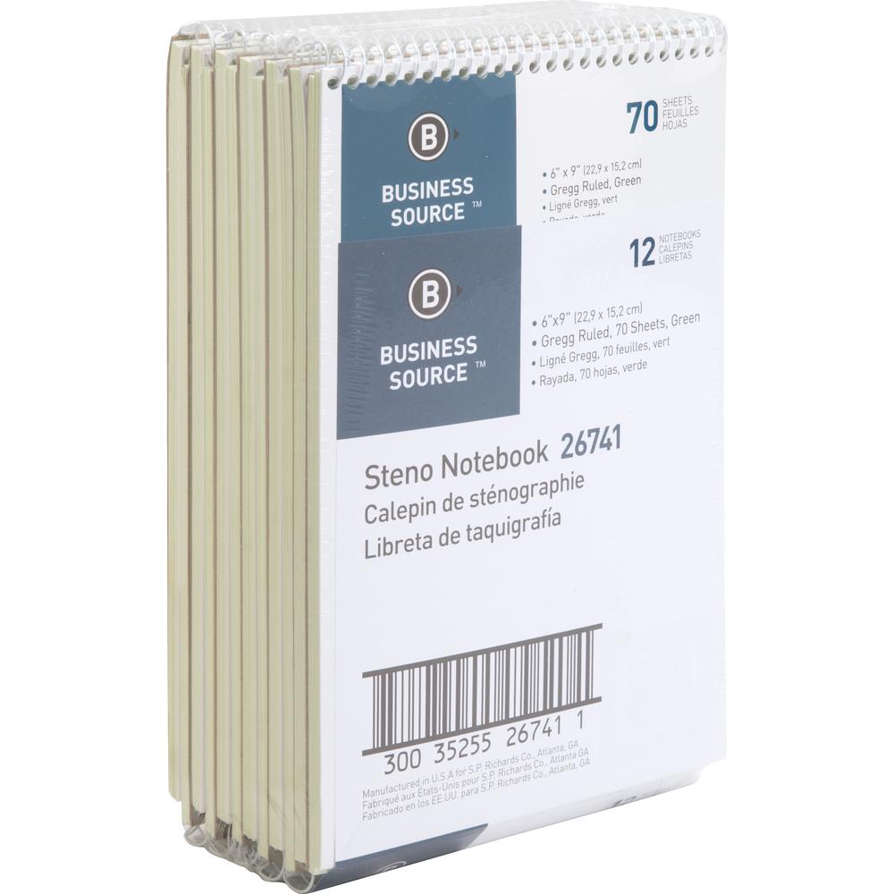 Business Source Steno Notebook - 70 Sheets - Wire Bound - Gregg Ruled Margin - 15 lb Basis Weight - 6" x 9" Sheet Size - Green Paper - Stiff-back - 12 / Pack. Picture 7