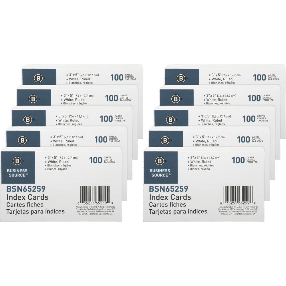 Business Source Ruled Index Cards - Front Ruling Surface - Ruled Front Ruling - 72 lb Basis Weight - 5" x 3" Sheet Size - White Paper - 100/Pack - 10 / Box. Picture 2