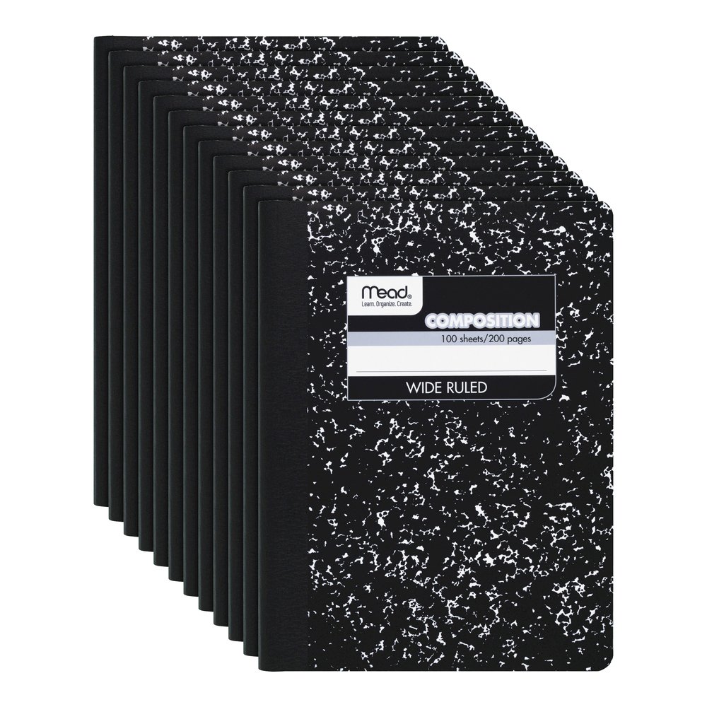 Mead Wide Ruled Composition Notebook - 100 Sheets - Sewn - 7 1/2" x 9 3/4" - White Paper - Black Marble Cover - 12 / Carton. Picture 3