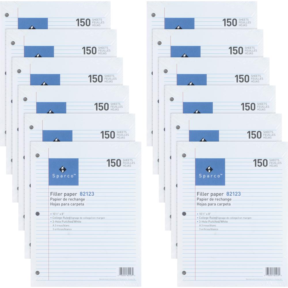 Sparco 3HP Filler Paper - 1800 Sheets - College Ruled Front Ruling - Ruled Red Margin - 16 lb Basis Weight - 8" x 10 1/2" Sheet Size - White Paper - Bleed-free - 150/Pack - 12 / Bundle. Picture 2