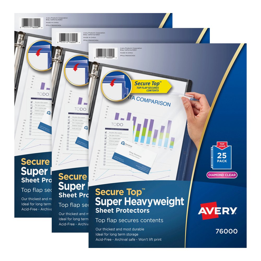 Avery&reg; Secure Top Sheet Protectors - For Letter 8 1/2" x 11" Sheet - 3 x Holes - Ring Binder - Top Loading - Clear - Polypropylene - 25/Pack - 3 / Bundle. Picture 3