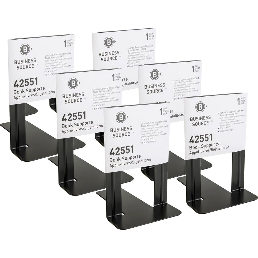 Business Source Heavy-gauge Steel Book Supports - 8.50" Height x 9" Width x 6" Depth - Desktop - Non-skid Base, Scratch Resistant, Stain Resistant - Black - Steel - 2/Pair - 6 / Box. Picture 9
