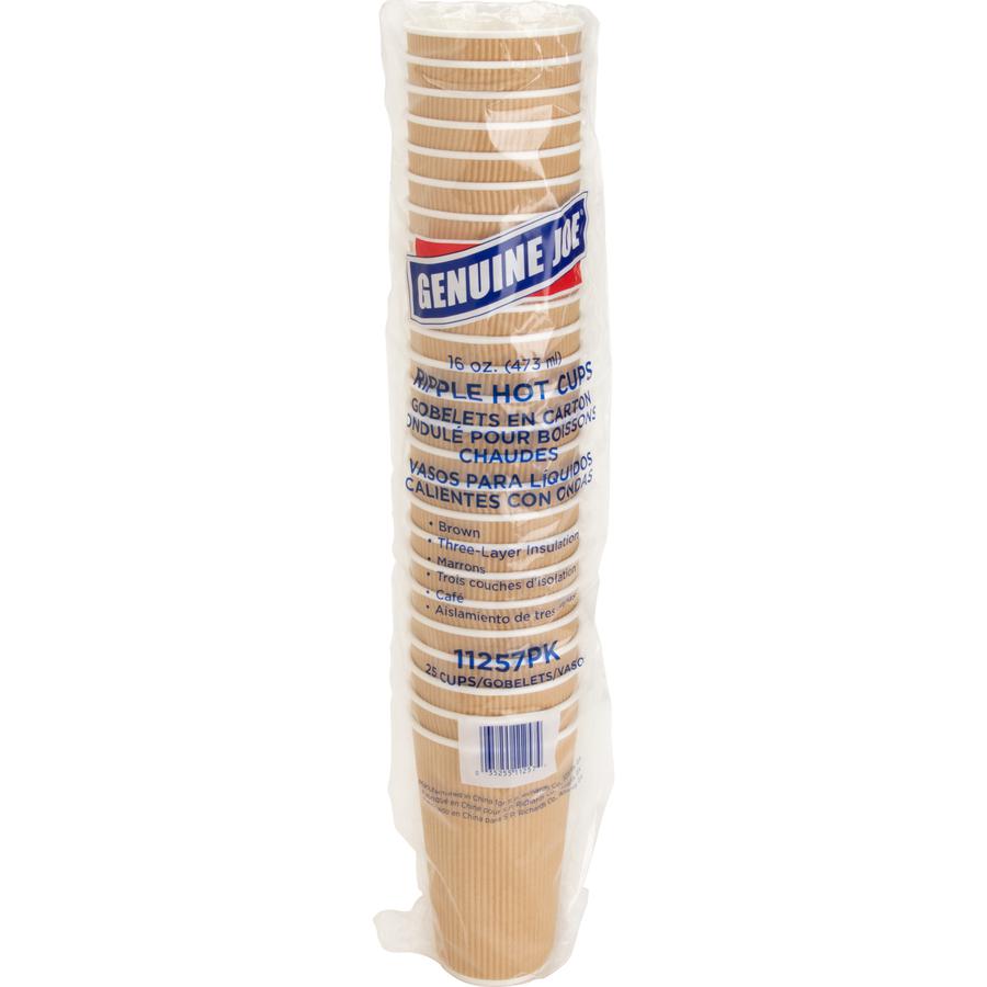 Genuine Joe 16 oz Rippled Hot Cups - 16 fl oz - Brown - Hot Drink, Hot Drink, Beverage - 25/Pack - 5 / Bundle. Picture 8