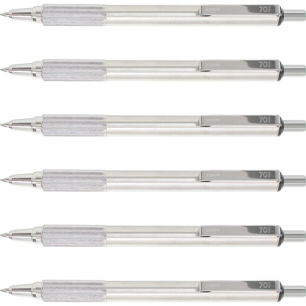 Zebra Pen STEEL 7 Series F-701 Retractable Ballpoint Pen - Refillable - Retractable - Black Ink - Stainless Steel Barrel - 6 / Box. Picture 2