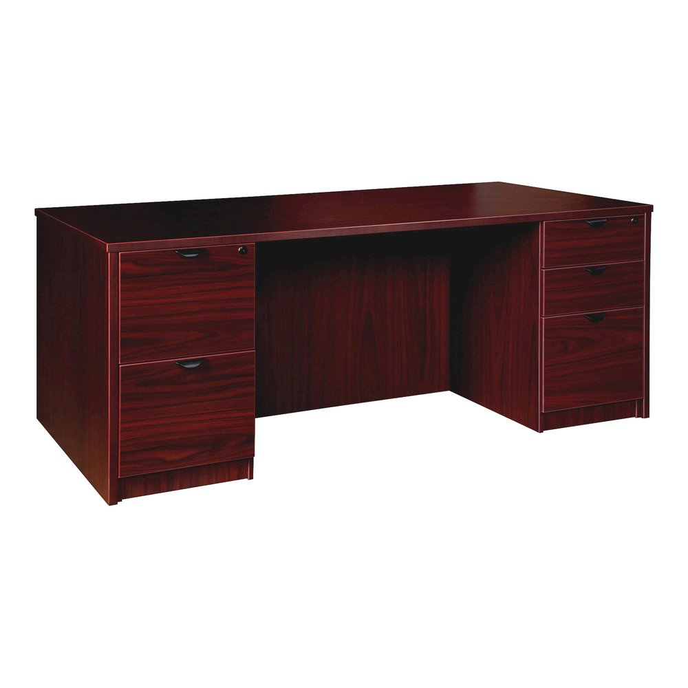 Lorell Prominence 2.0 Double-Pedestal Desk - 1" Thickness Top, 29" Height x 72" Width x 36" Depth - Total Drawer(s): 5 - Double Pedestal - Band Edge - Material: Particleboard - Finish: Mahogany Lamina. Picture 6