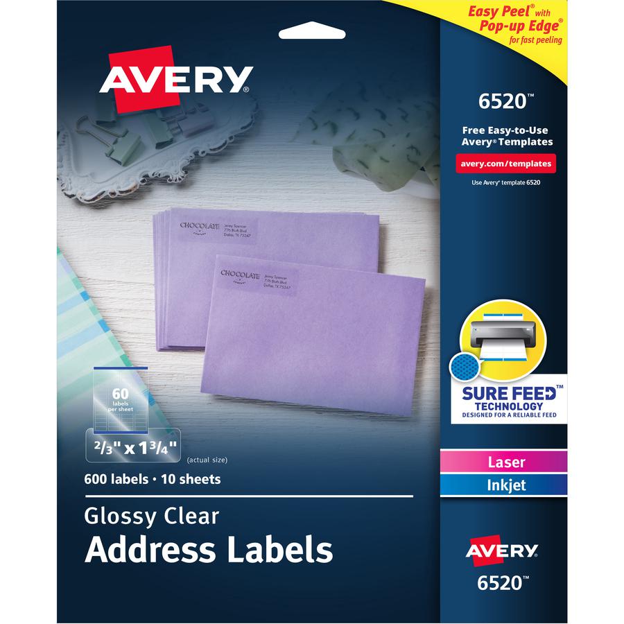 Avery&reg; Easy Peel High Gloss Clear Mailing Labels - 2/3" Width x 1 3/4" Length - Permanent Adhesive - Rectangle - Inkjet, Laser - Glossy - Clear - Film - 60 / Sheet - 10 Total Sheets - 600 Total La. Picture 3