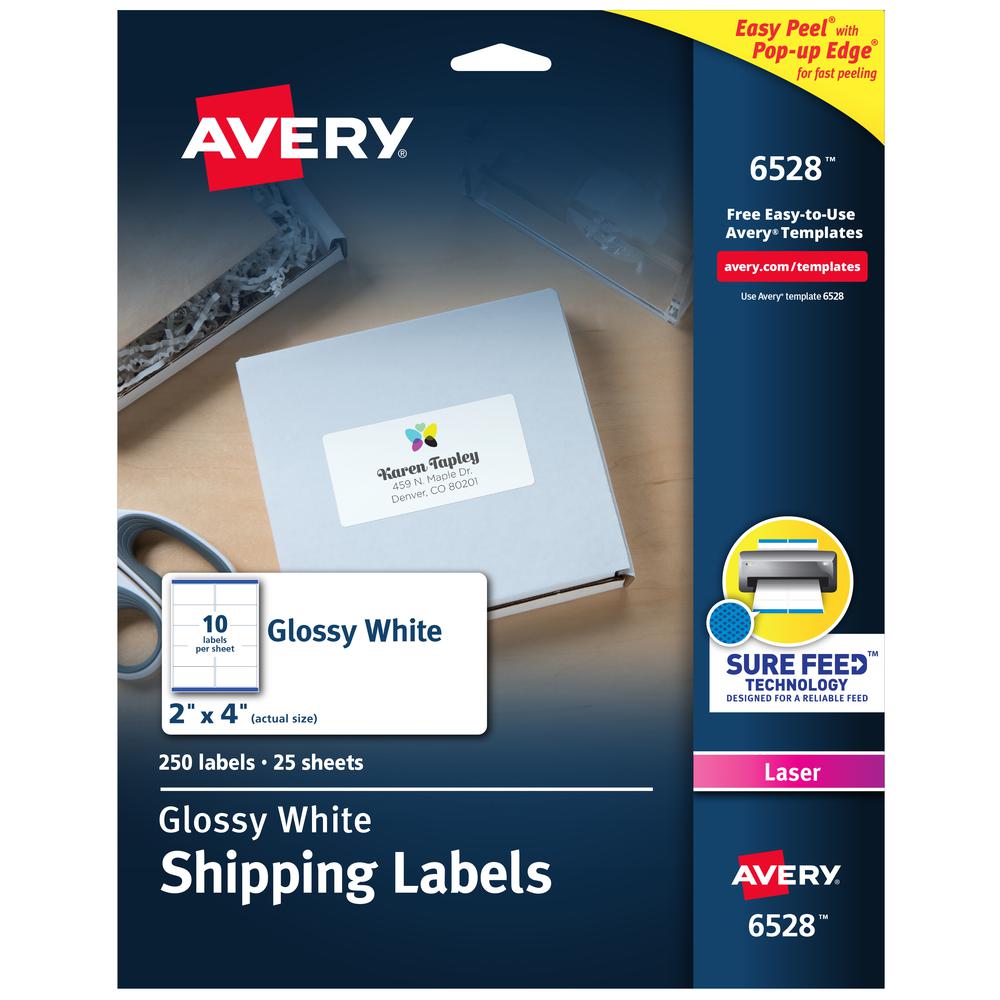 Avery&reg; Shipping Labels, Glossy White, 2" x 4" , 250 Total (6528) - 2" Width x 4" Length - Permanent Adhesive - Rectangle - Laser - White - Paper - 10 / Sheet - 25 Total Sheets - 250 Total Label(s). Picture 2