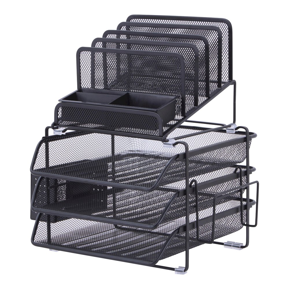 Lorell Divided 4-tier Desktop Organizer - 4 Tier(s) - 15.75" Height x 12.87" Width x 14.37" Depth - Desktop - Black - Plastic, Mesh - 1 Each. Picture 8