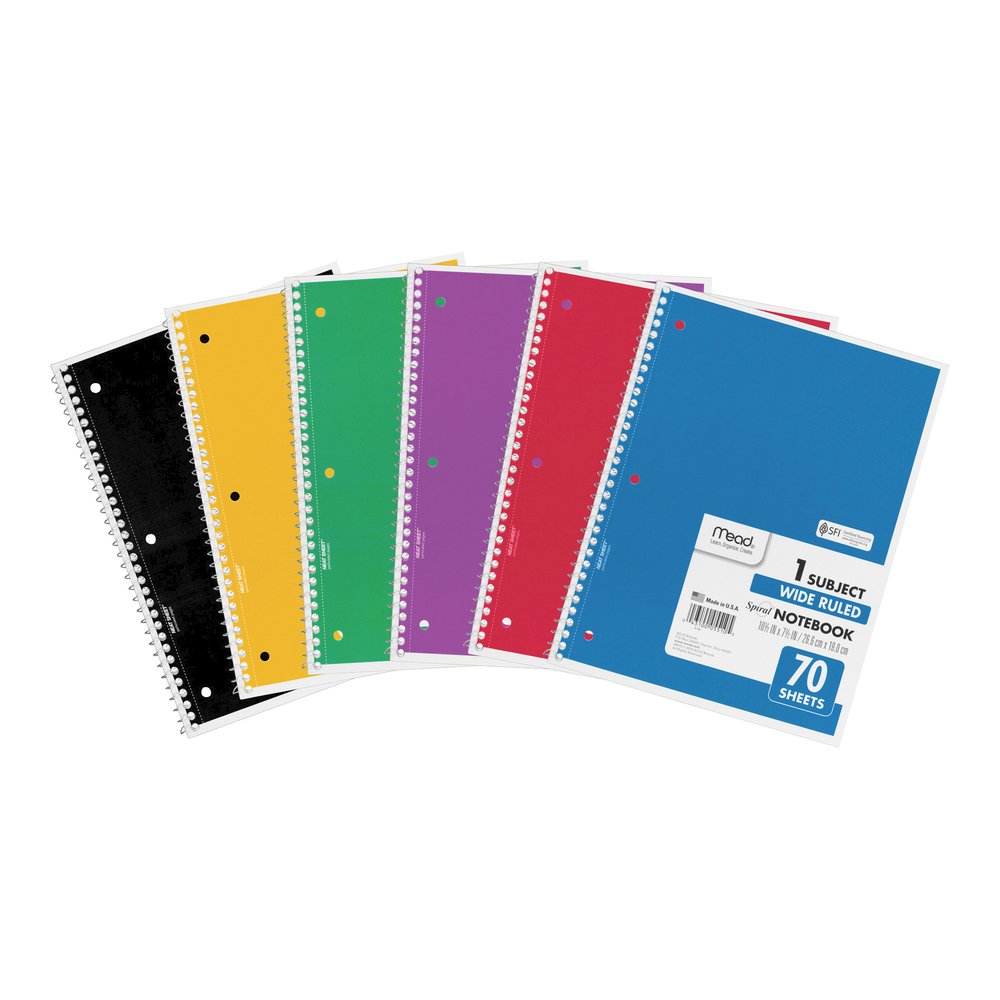 Mead Wide Ruled 1-Subject Notebooks - 70 Sheets - Spiral - Wide Ruled Front Ruling - 8" x 10 1/2" Sheet Size - White Paper - Assorted Cover - Hole-punched, Micro Perforated - 6 / Bundle. Picture 2